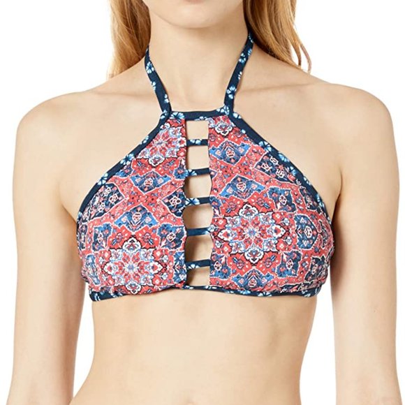 Lucky Brand Navy/Coral Festival Medallion Reversible High Neck Bikini Top - XS/S - Picture 2 of 8